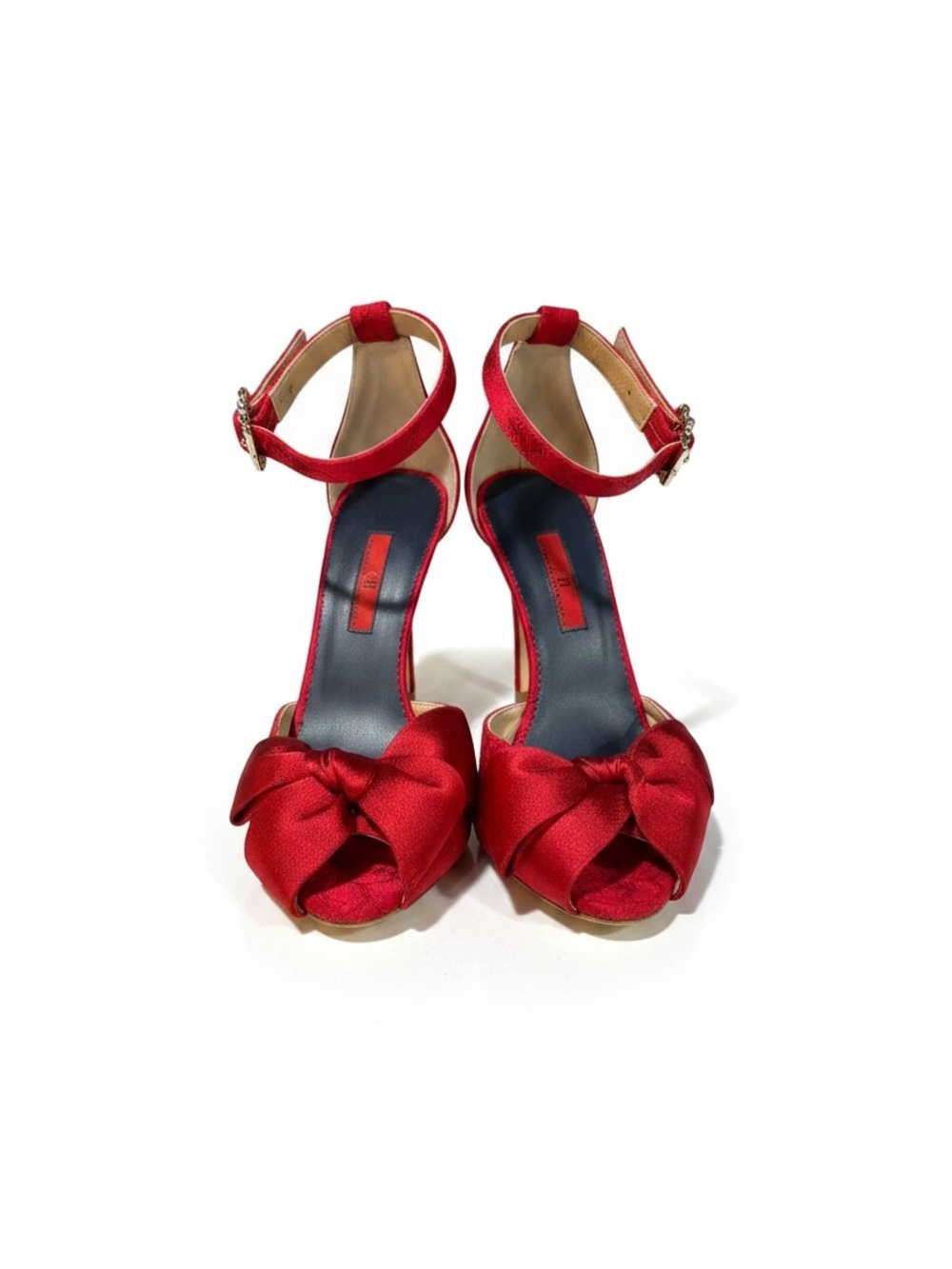 Carolina Herrera Red Satin Lace Bow Jeweled Heels Sandals Size 38